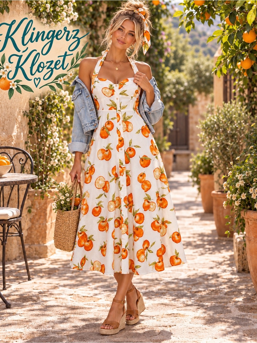 Zara Orange Fruit Print Halter Midi Dress Linen Blend Citrus  Dress